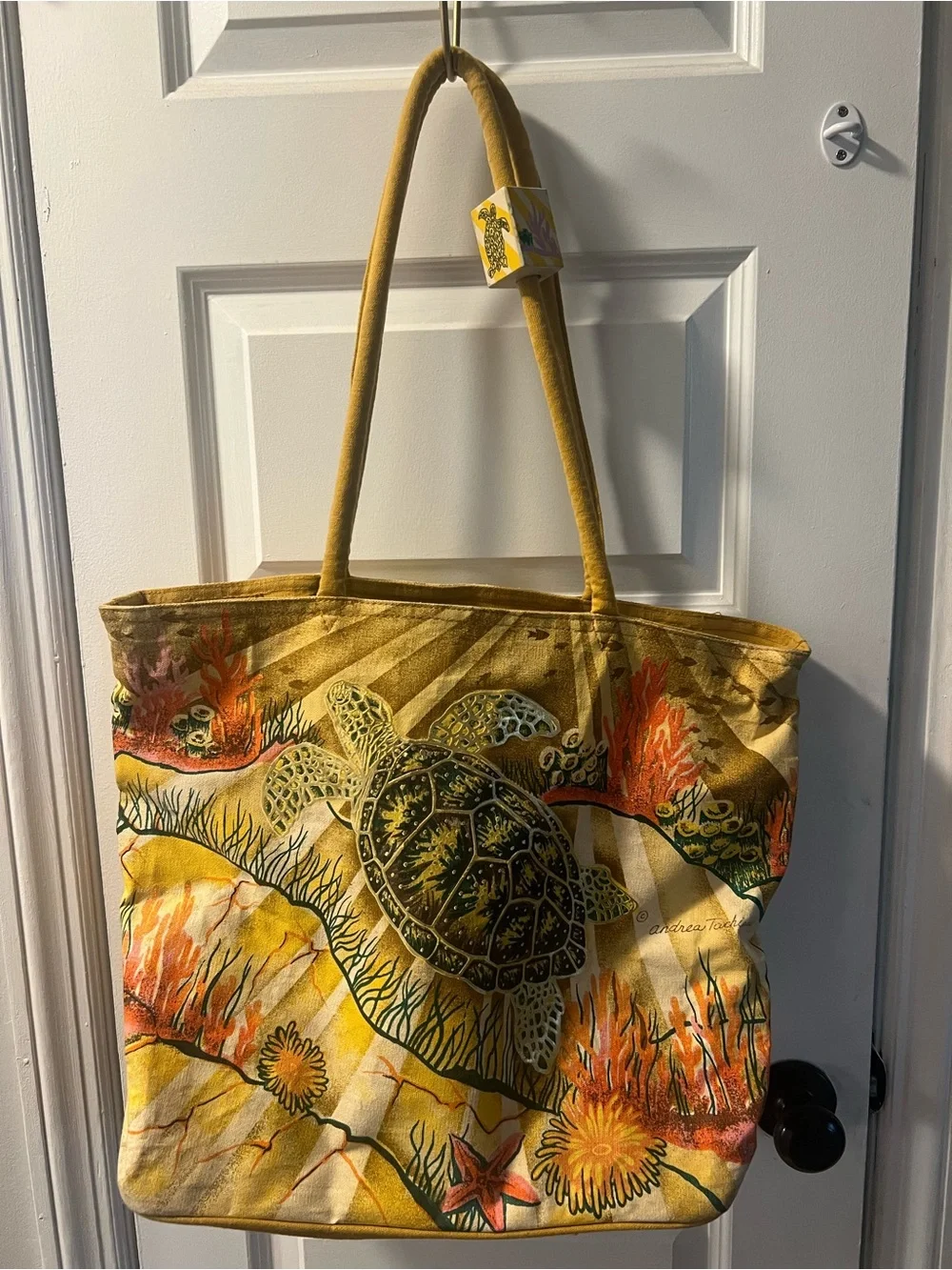 Yellow Sea Turtle Canvas Tote Bag with Beach Print